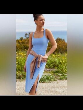 Beyond Yoga Light Blue Tank Midi Dress with Side Slit NWOT